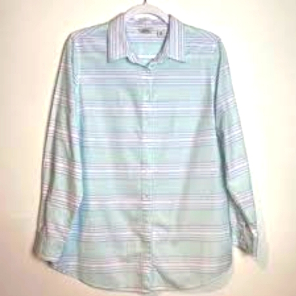 L.L. Bean Cotton Mint Green Light Blue Striped Button Down Shirt Size Large - Picture 1 of 10